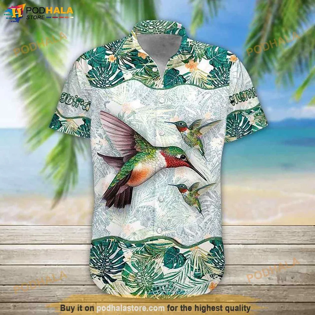 Ruby Throated Hummingbird Hawaiian Shirt, Vibrant Tropical Design With Leaves