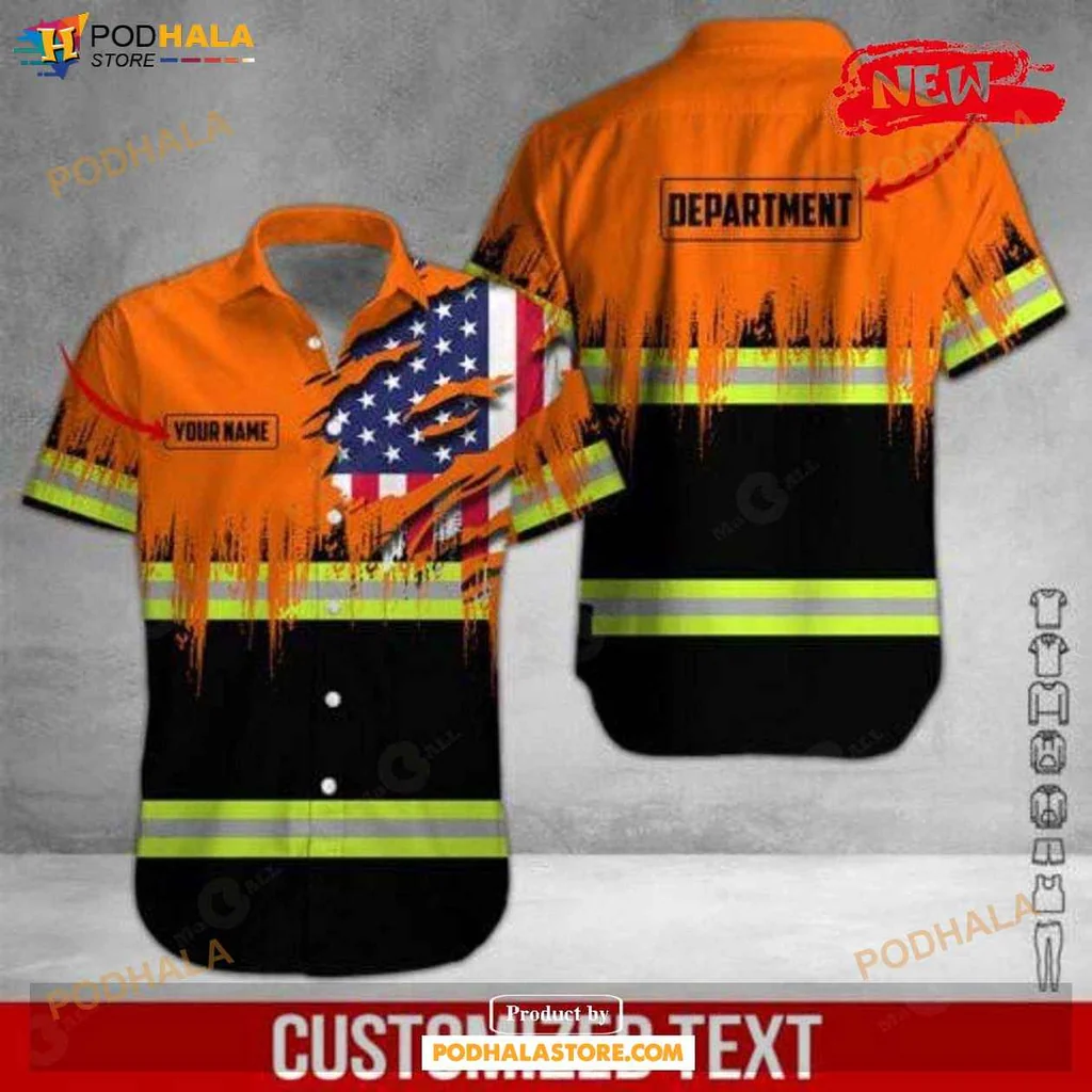 Rugged Patriot Aloha Shirt, Vibrant Orange American Flag Workwear Design Shirt