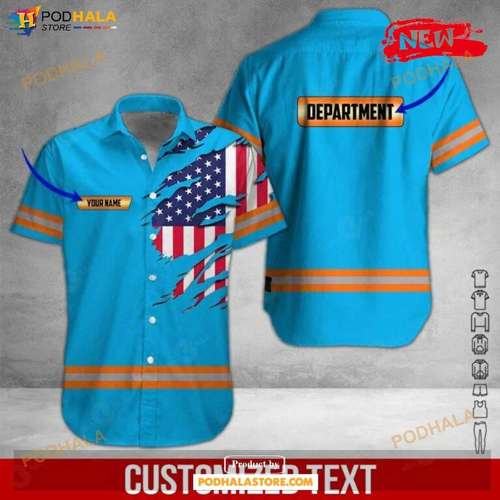 Rugged Patriotic Aloha Shirt, Vibrant Blue Heavy Equipment Flag Design Summer Shirt