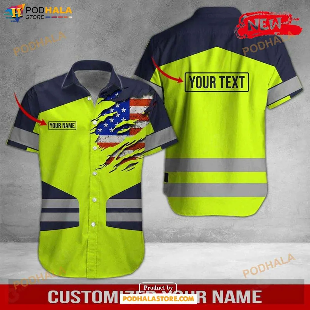 Rugged Patriotic Workwear Hawaiian Shirt, Personalized Name And American Flag Design