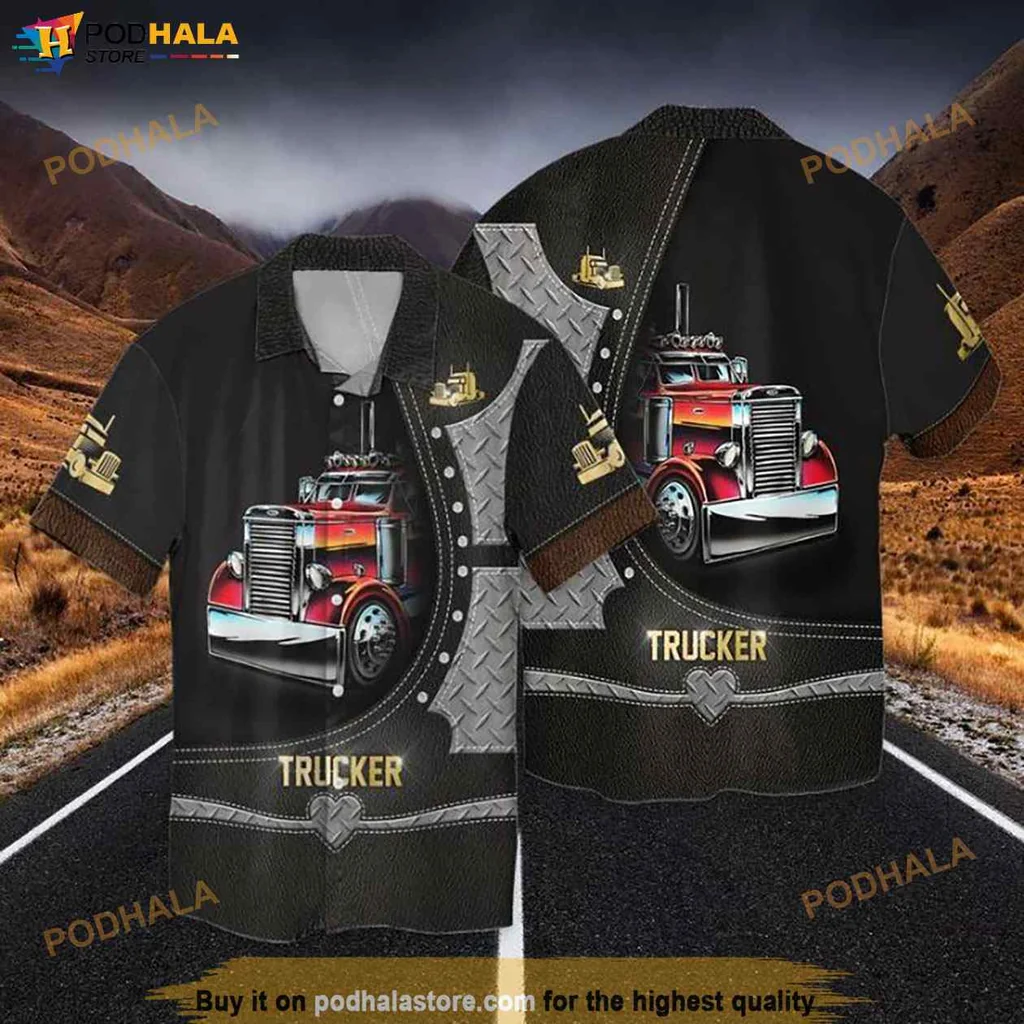 Rugged Trucker Graphic Hawaiian Shirt, Vintage Truck Design For Men