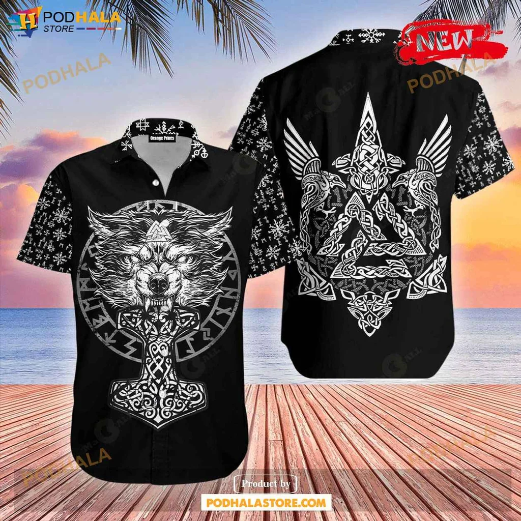 Rugged Wolf Aloha Shirt, Fierce Viking Design With Tribal Patterns For Summer Fun
