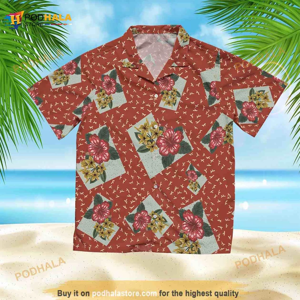 Rust Floral Tropical Hawaiian Shirt With Pink And Red Flowers