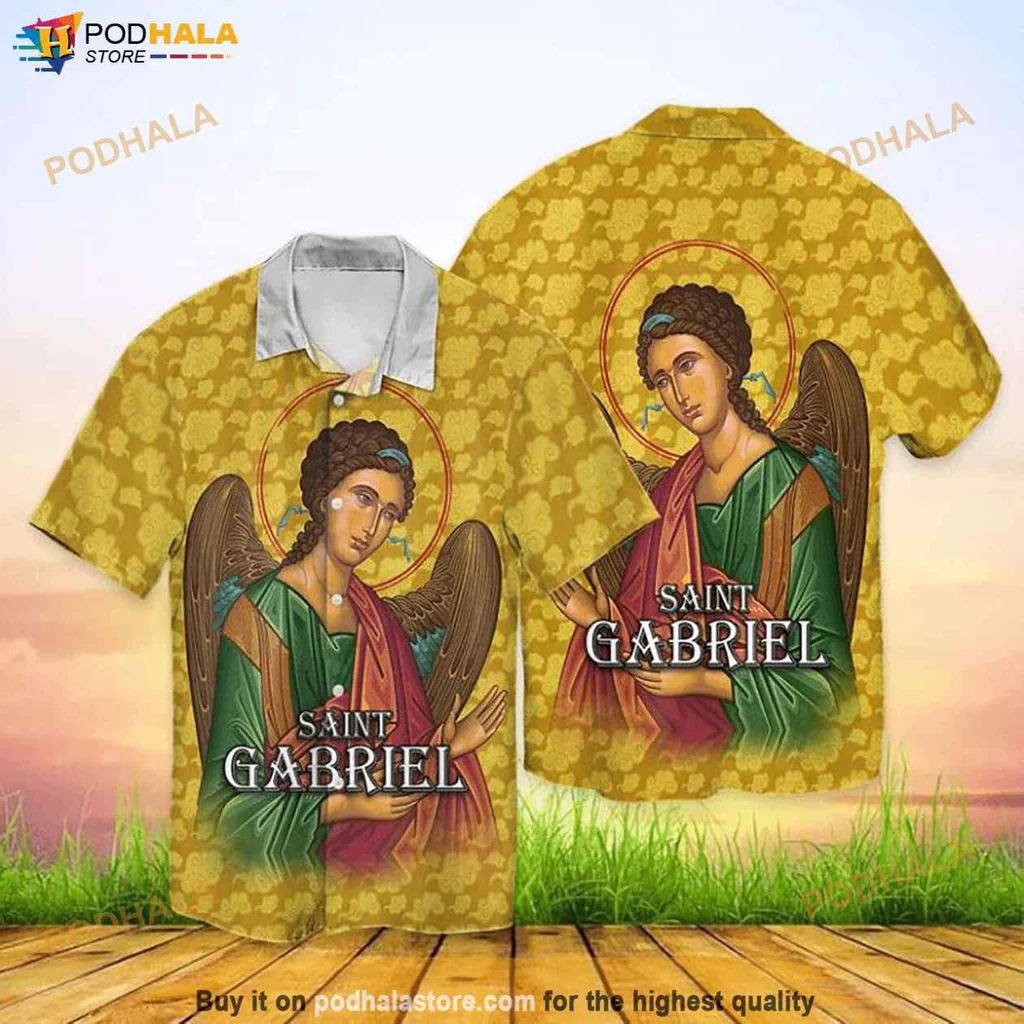 Saint Gabriel Tropical Shirt For Women, Vibrant Angel Graphic With Floral Pattern