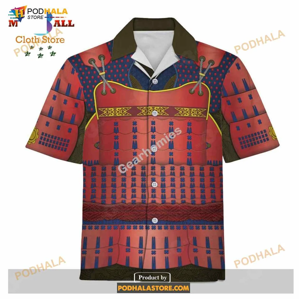 Samurai Armor Hawaiian Shirt, Vibrant 3d Design In Red, Blue And Gold