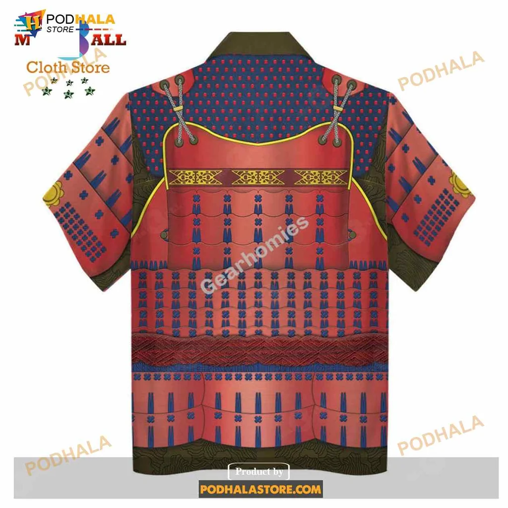 Samurai Armor Aloha Shirt, Vibrant 3d Design In Red, Blue And Gold Samurai Armor Aloha Shirt, Vibrant 3d Design In Red, Blue And Gold