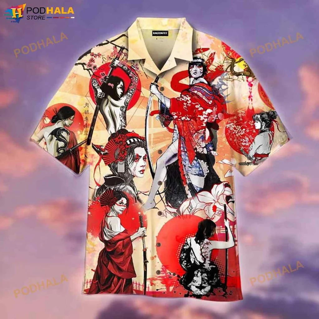 Samurai Girls Hawaiian Shirt With Cherry Blossoms And Traditional Kimonos