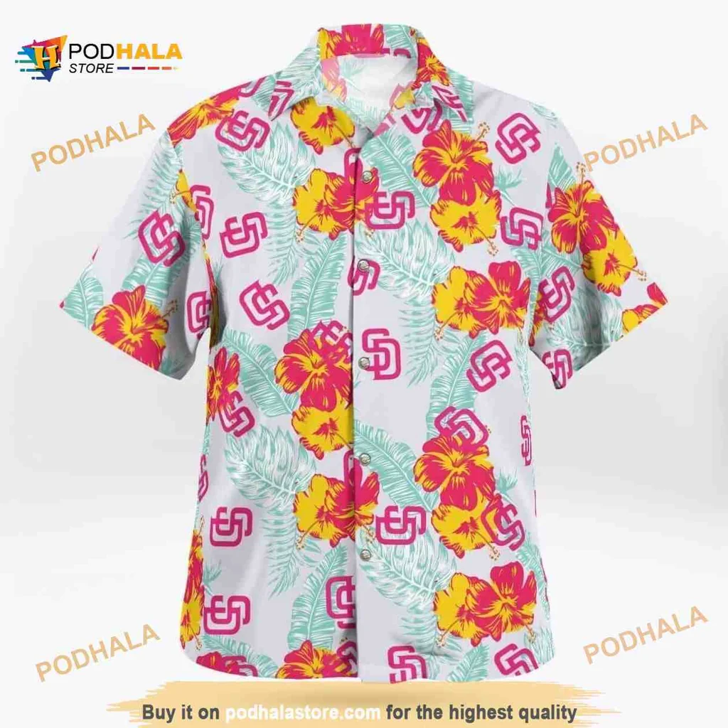 San Diego Padres Hawaiian Shirt With Hibiscus Flowers And Tropical Leaves