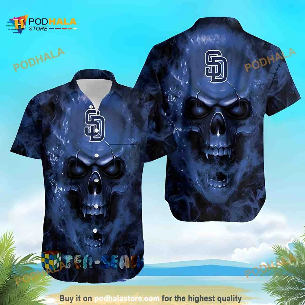 San Diego Padres Skull Aloha Shirt, Smoky Blue Design For Fans