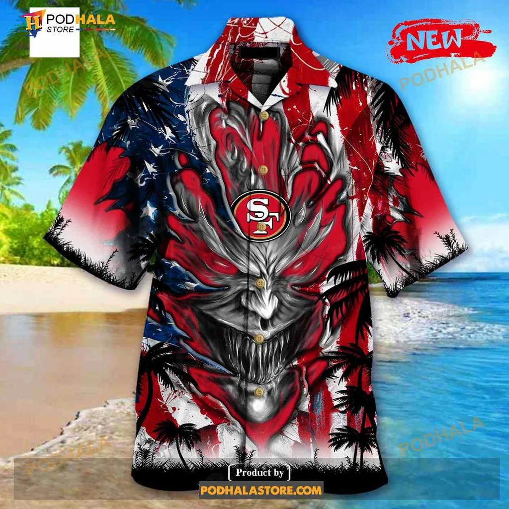 San Francisco 49ers Demon Face Hawaiian Shirt With Us Flag Design