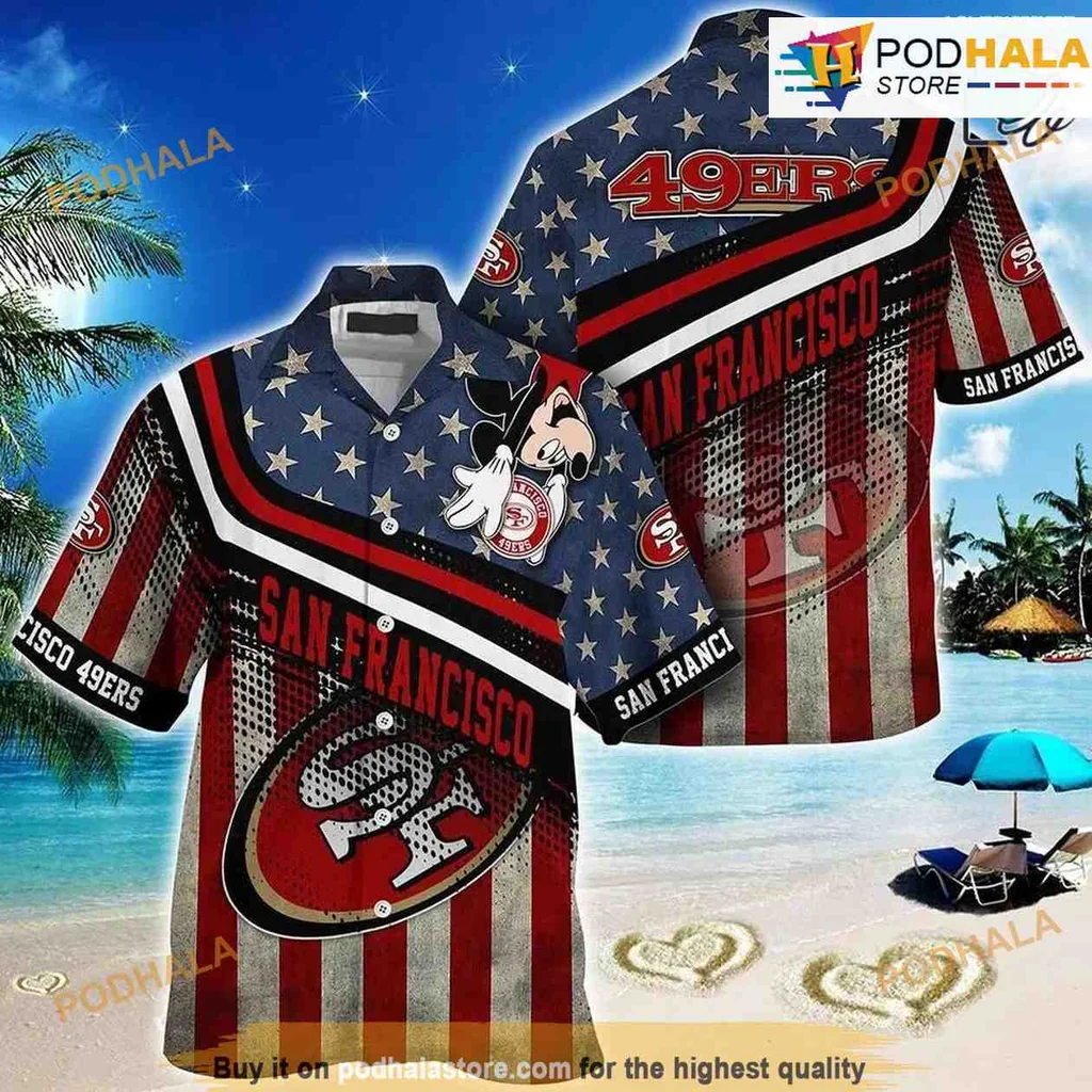 San Francisco 49ers Hawaiian Shirt Featuring Mickey Mouse And American Flag