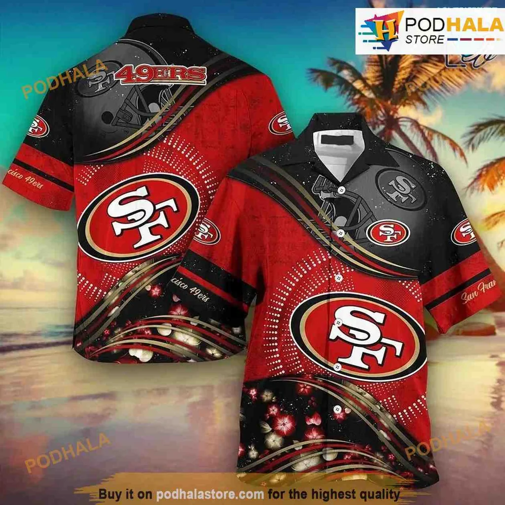San Francisco 49ers Hawaiian Shirt With Bold Logo And Fireworks Design