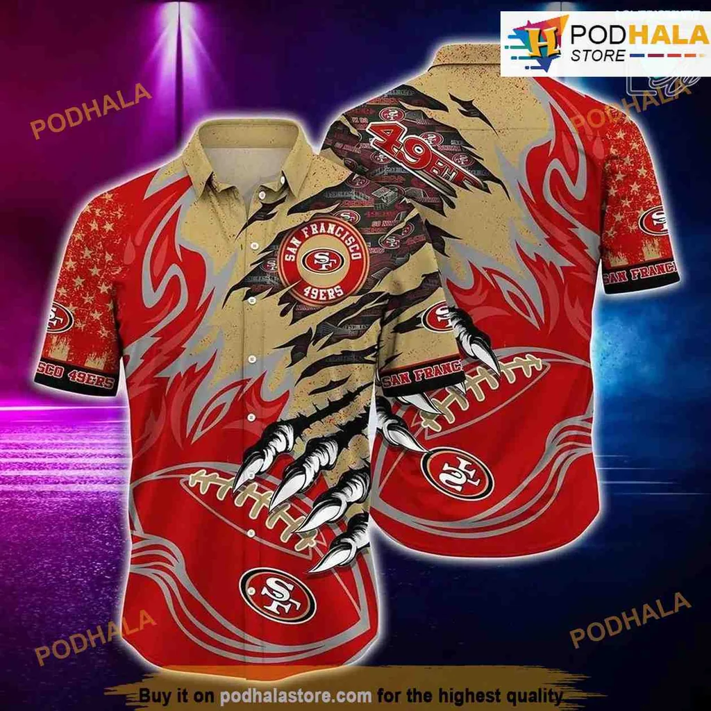 San Francisco 49ers Hawaiian Shirt With Football And Tropical Flames