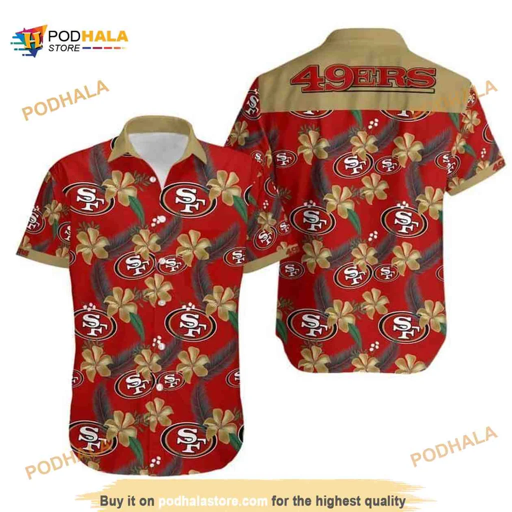 San Francisco 49ers Hawaiian Shirt With Hibiscus Flowers And Palm Leaves
