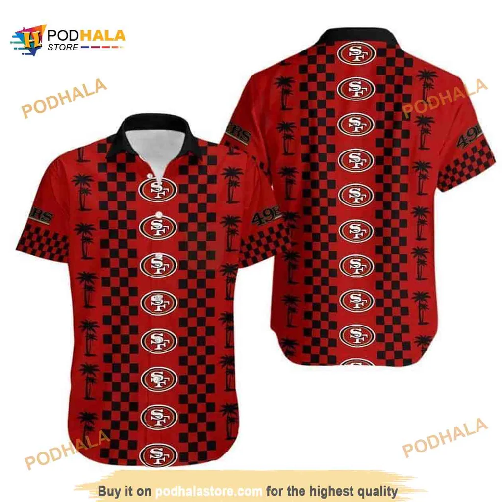 San Francisco 49ers Hawaiian Shirt With Palm Trees And Checkerboard Pattern