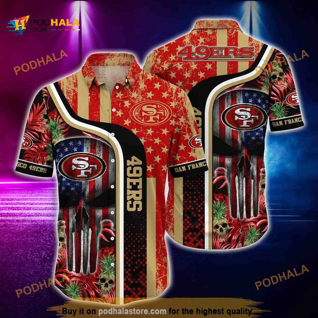 San Francisco 49ers Hawaiian Shirt With Skull Us Flag Design