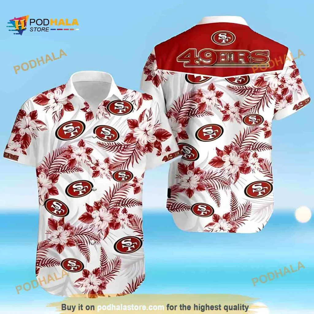 San Francisco 49ers Hawaiian Shirt With Tropical Hibiscus And Palm Leaves