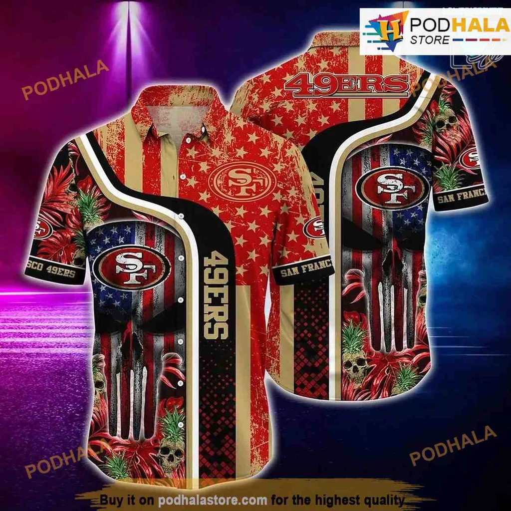 San Francisco 49ers Tropical Skull Hawaiian Shirt With American Flag Elements