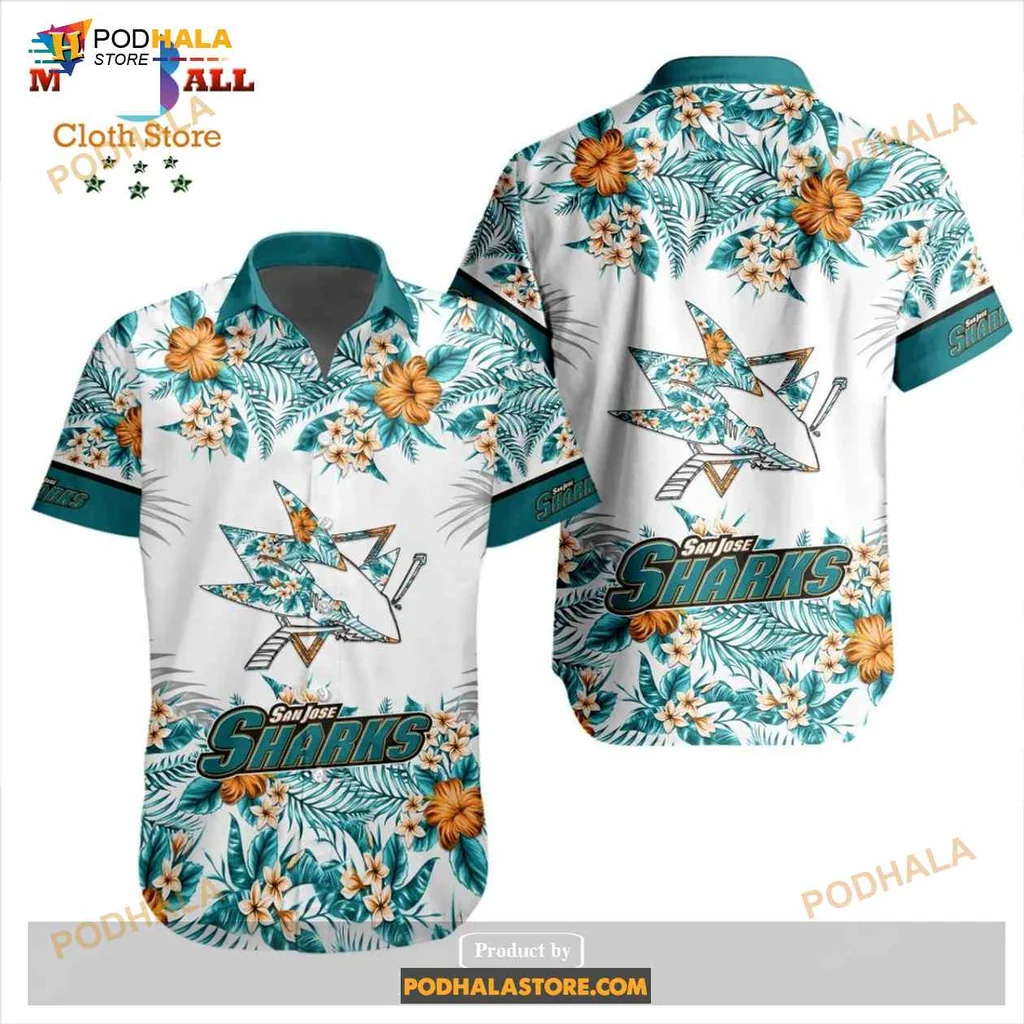San Jose Sharks Aloha Shirt With Colorful Floral Design San Jose Sharks Aloha Shirt With Colorful Floral Design