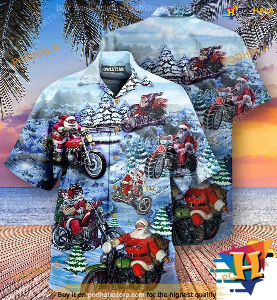 Santa Claus Biker Hawaiian Shirt, Fun Holiday Motorcycle Design