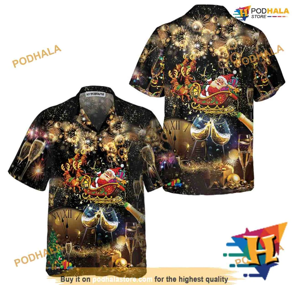 Santa Claus Christmas Aloha Shirt With Festive Fireworks Design