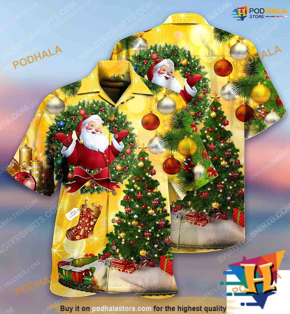 Santa Claus Christmas Hawaiian Shirt With Festive Tree And Ornaments