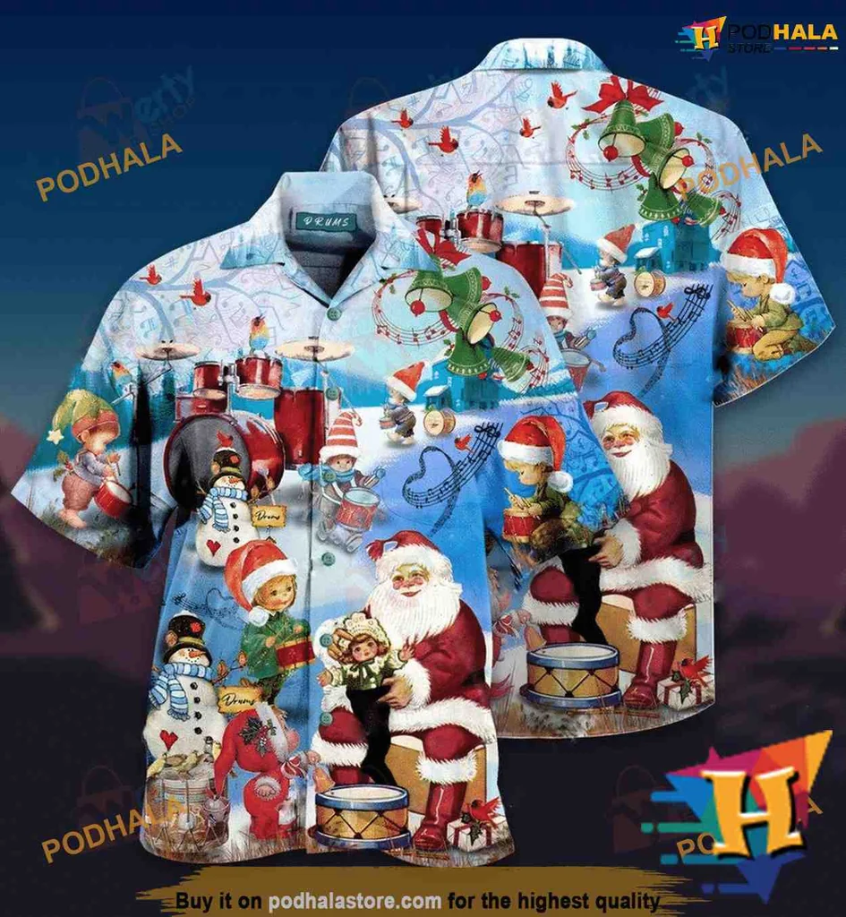 Santa Claus Drumming Hawaiian Shirt, Festive Christmas Aloha Shirt