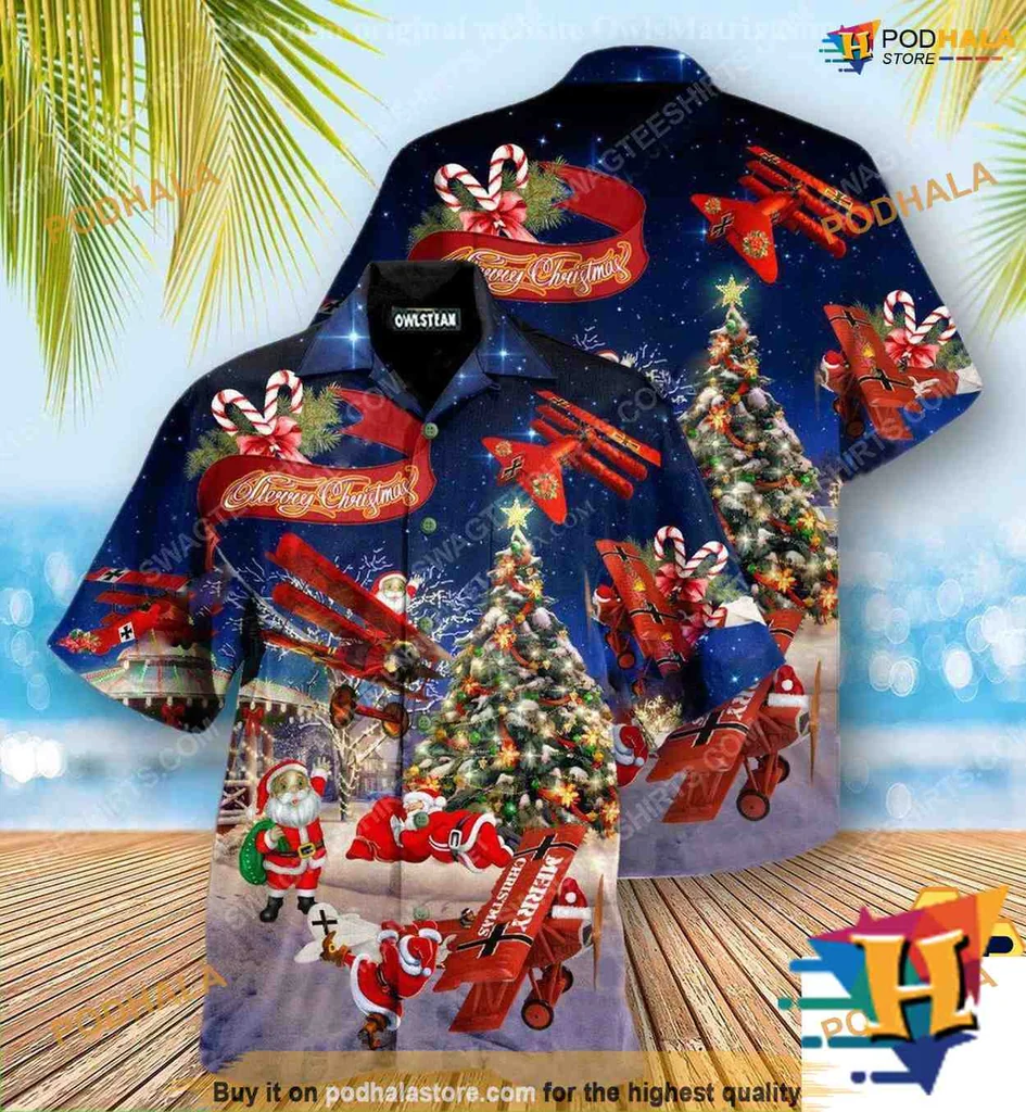 Santa Claus Flying Plane Hawaiian Shirt With Christmas Tree Design