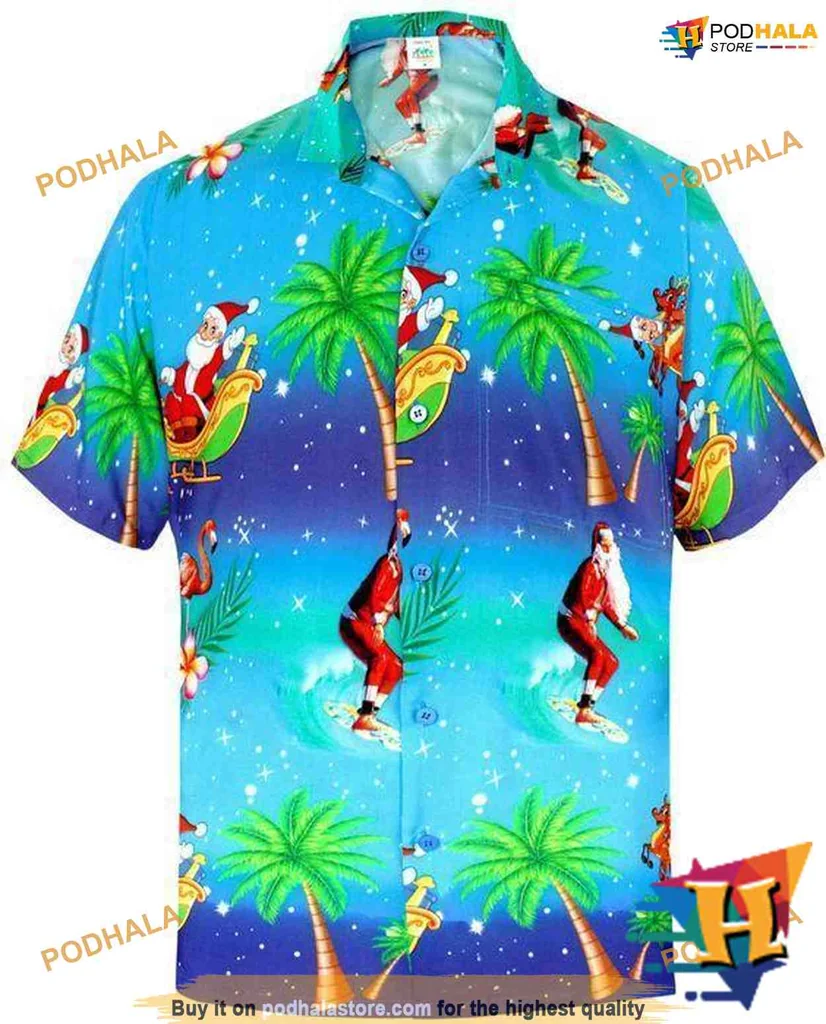 Santa Claus Hawaiian Shirt, Fun Tropical Design With Surfing Santas