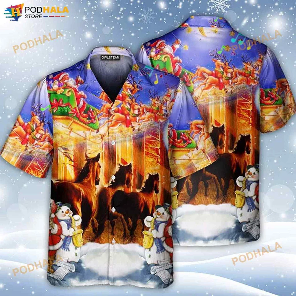 Santa Claus Horse Hawaiian Shirt, Funny Christmas Scene With Reindeer