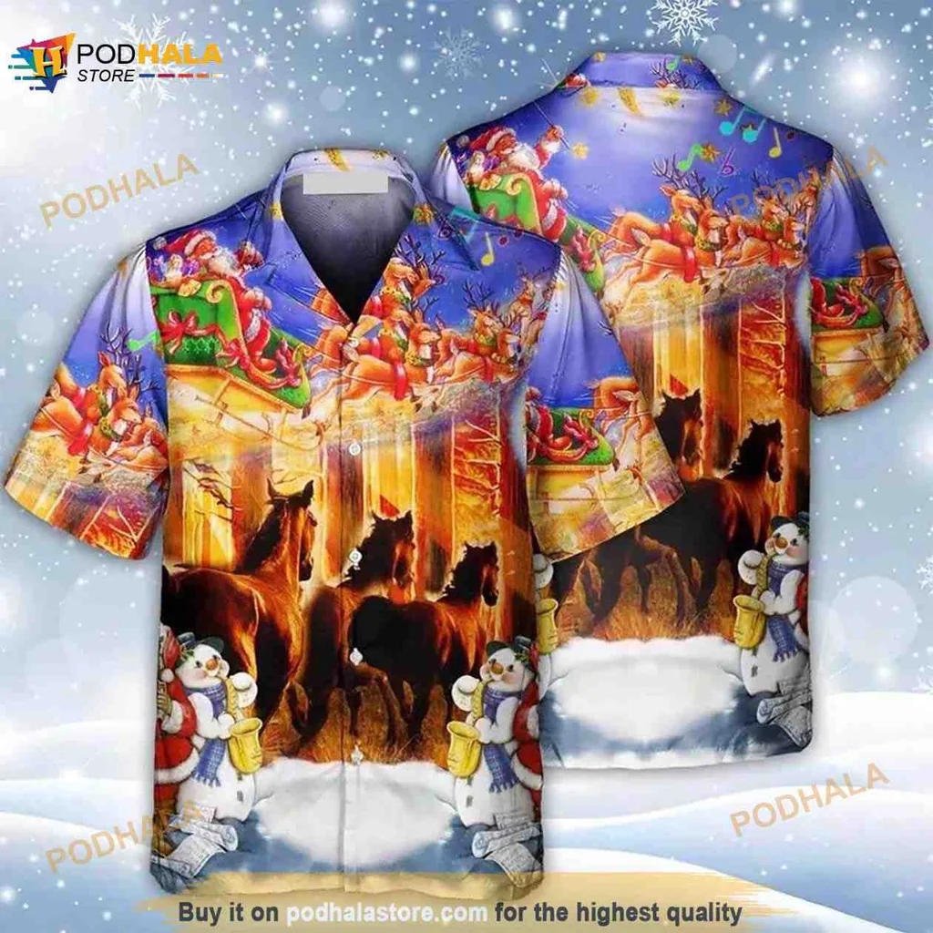 Santa Claus Horse Hawaiian Shirt, Merry Christmas Snowman Aloha Shirt
