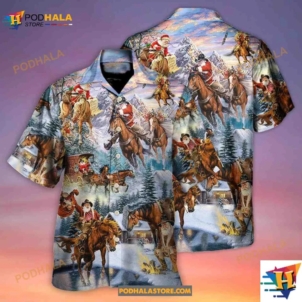 Santa Claus Horse Riding Aloha Shirt, Festive Winter Design For Horse Lovers Santa Claus Horse Riding Aloha Shirt, Festive Winter Design For Horse Lovers