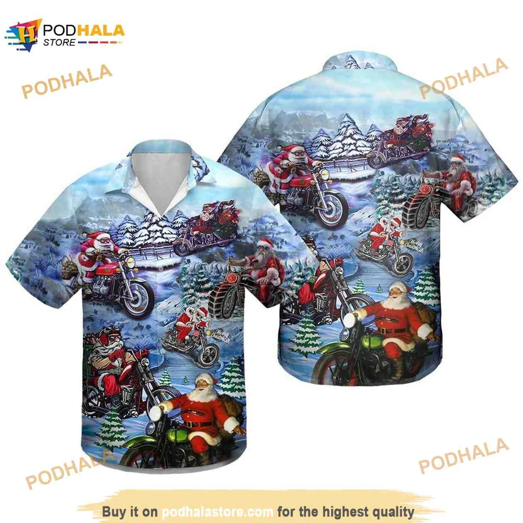 Santa Claus Motorcycle Hawaiian Shirt, Fun Christmas Design With Reindeer