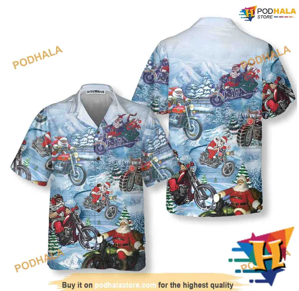 Santa Claus Motorcycle Snowmobile Hawaiian Shirt With Festive Design