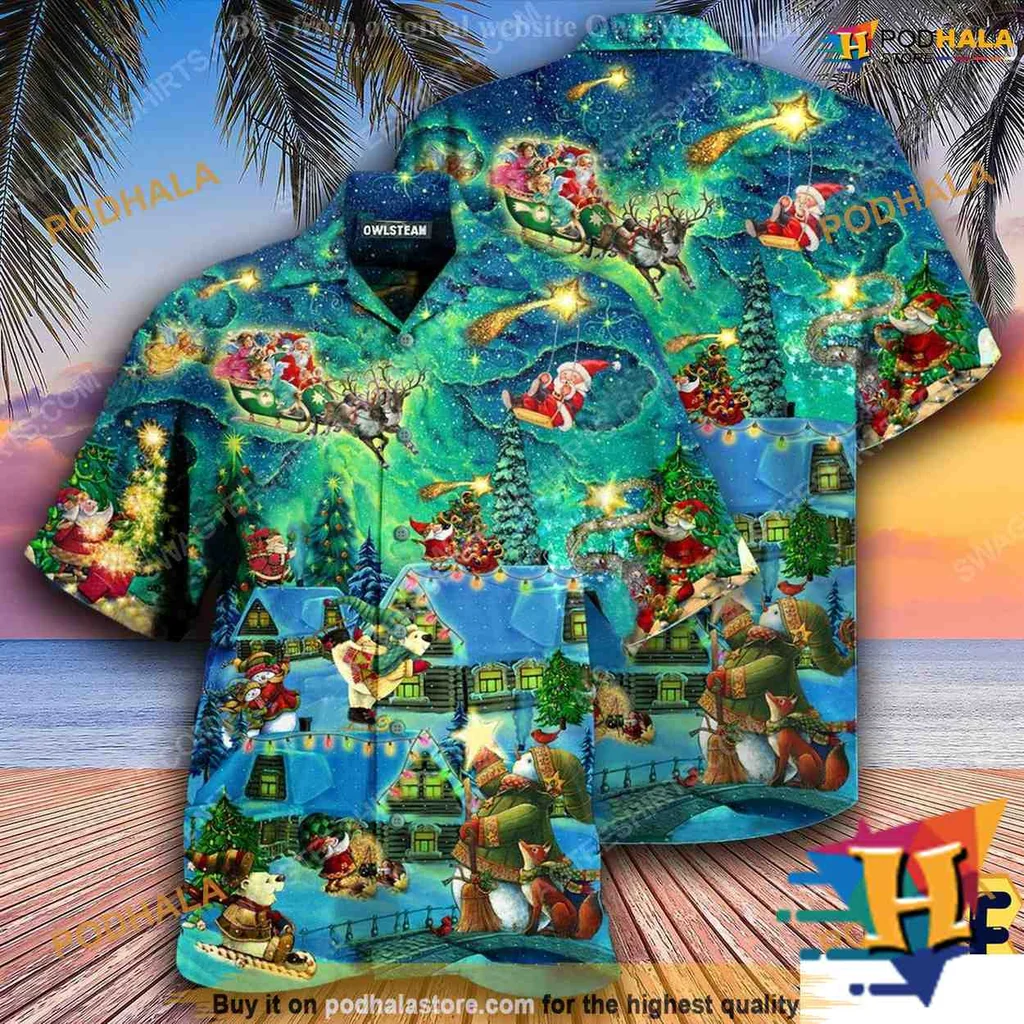 Santa Claus Northern Lights Hawaiian Shirt With Festive Christmas Design