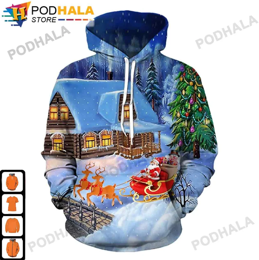 Santa Claus Reindeer 3d Hoodie, Whimsical Winter Scene For Christmas