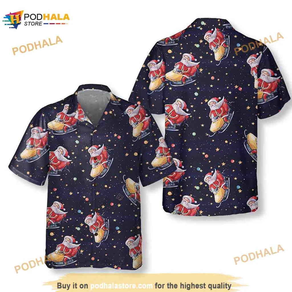 Santa Claus Snowmobile Hawaiian Shirt With Festive Stars And Snowflakes