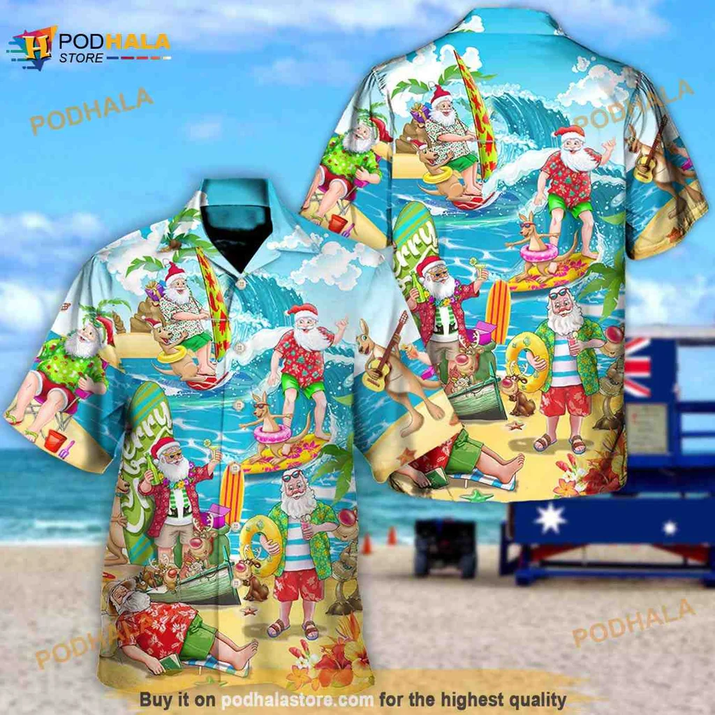 Santa Claus Surfing Hawaiian Shirt With Tropical Beach Design