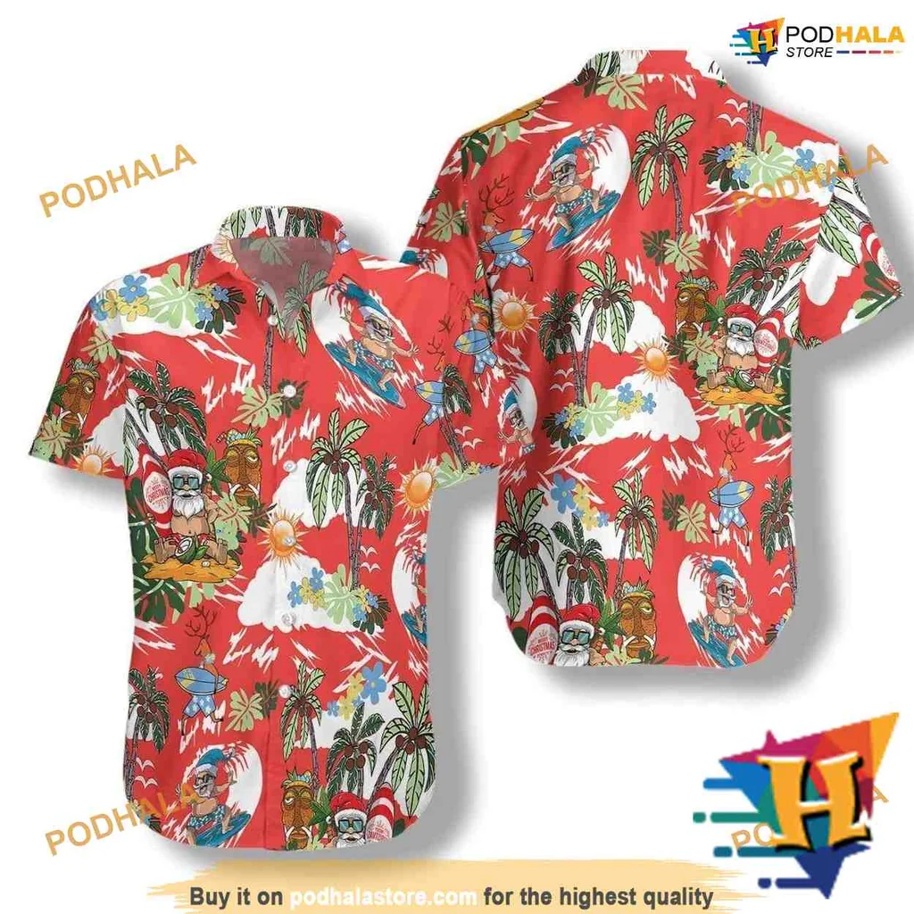 Santa Claus Tropical Hawaiian Shirt, Festive Red Aloha Design With Palm Trees