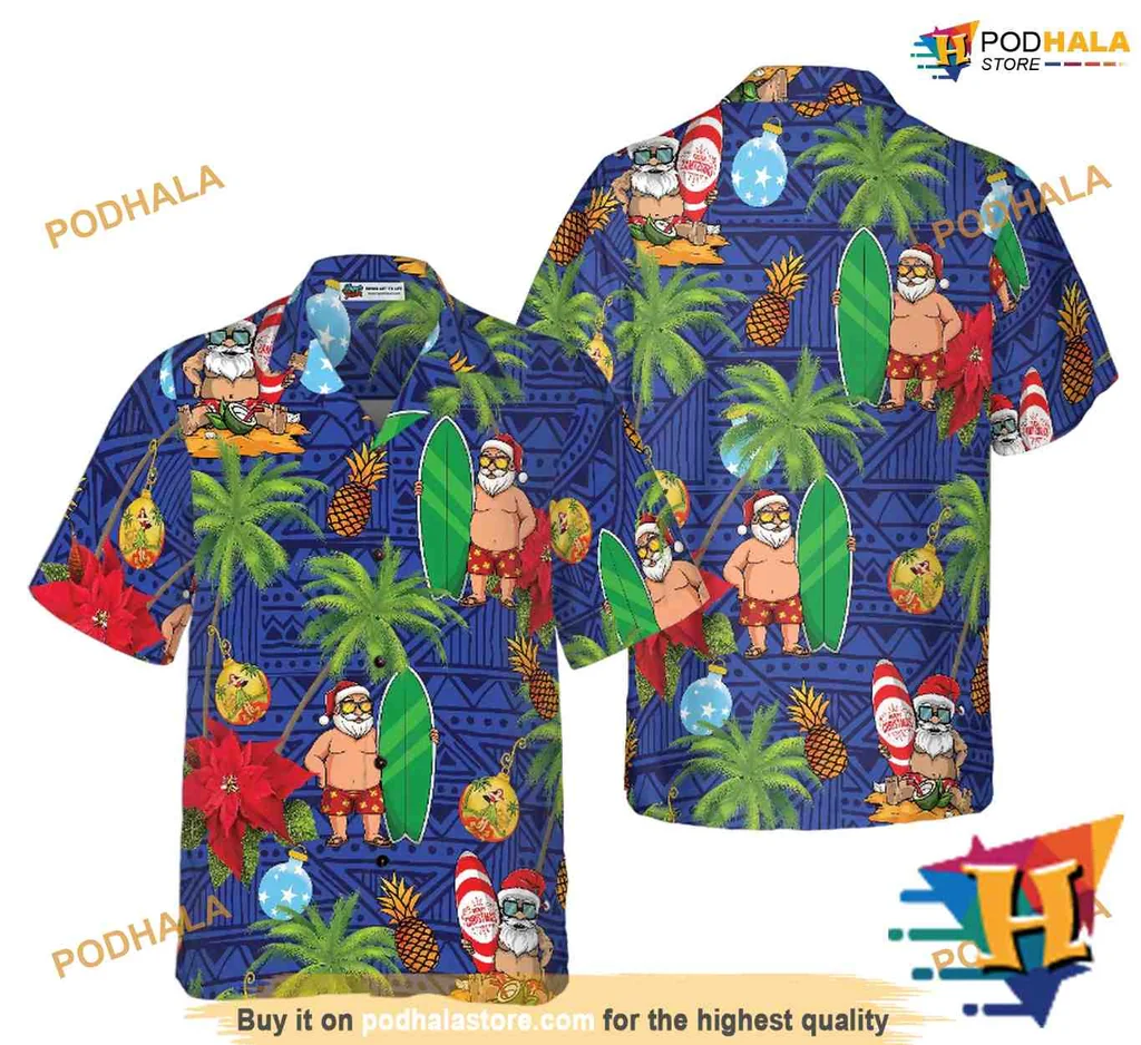 Santa Claus Tropical Hawaiian Shirt With Cartoon Santas And Surfboards