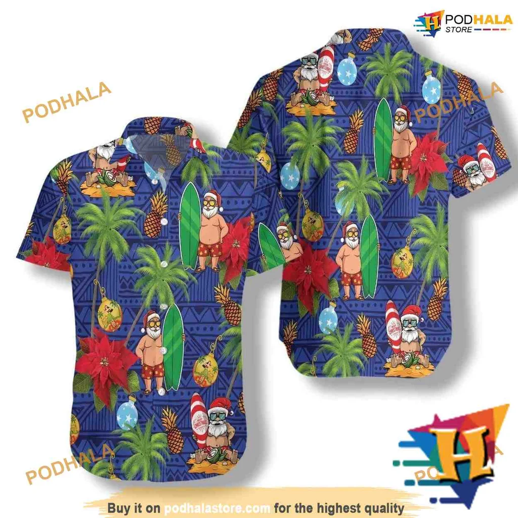 Santa Claus Tropical Hawaiian Shirt With Surfboard And Palm Trees