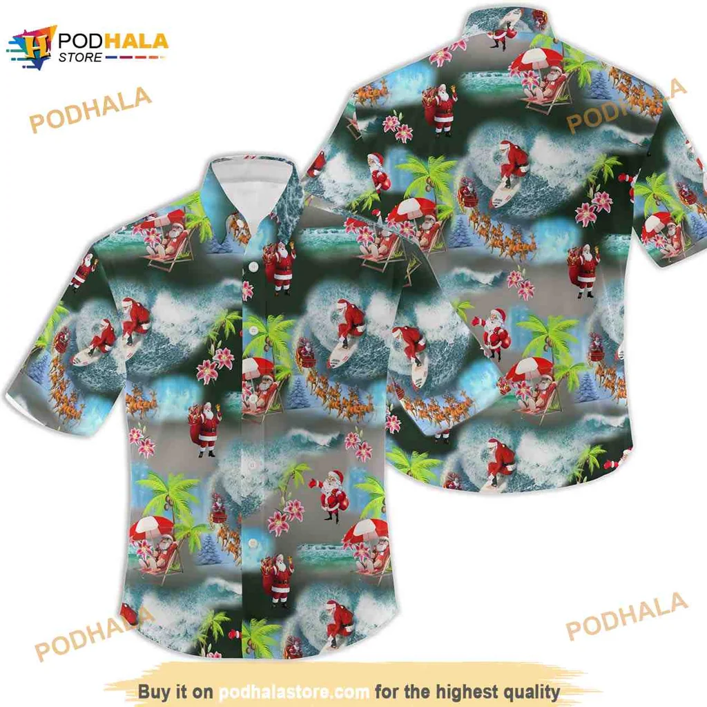 Santa Claus Tropical Hawaiian Shirt With Surfing Santa And Beach Elements