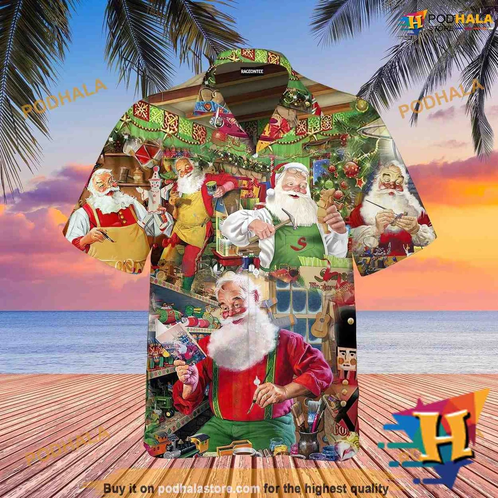 Santa Claus Woodworking Aloha Shirt, Fun Holiday Theme Design