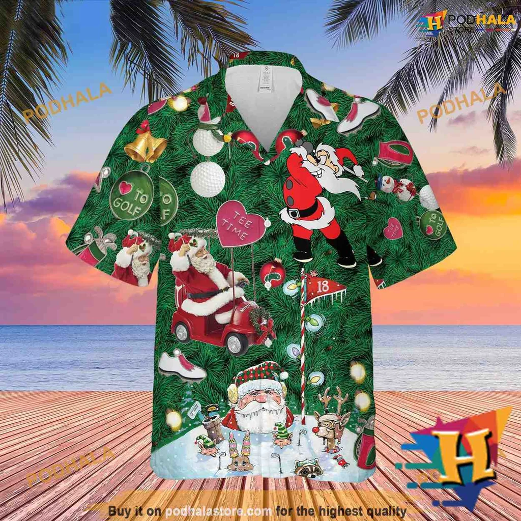Santa Golfing Hawaiian Shirt With Festive Christmas Design