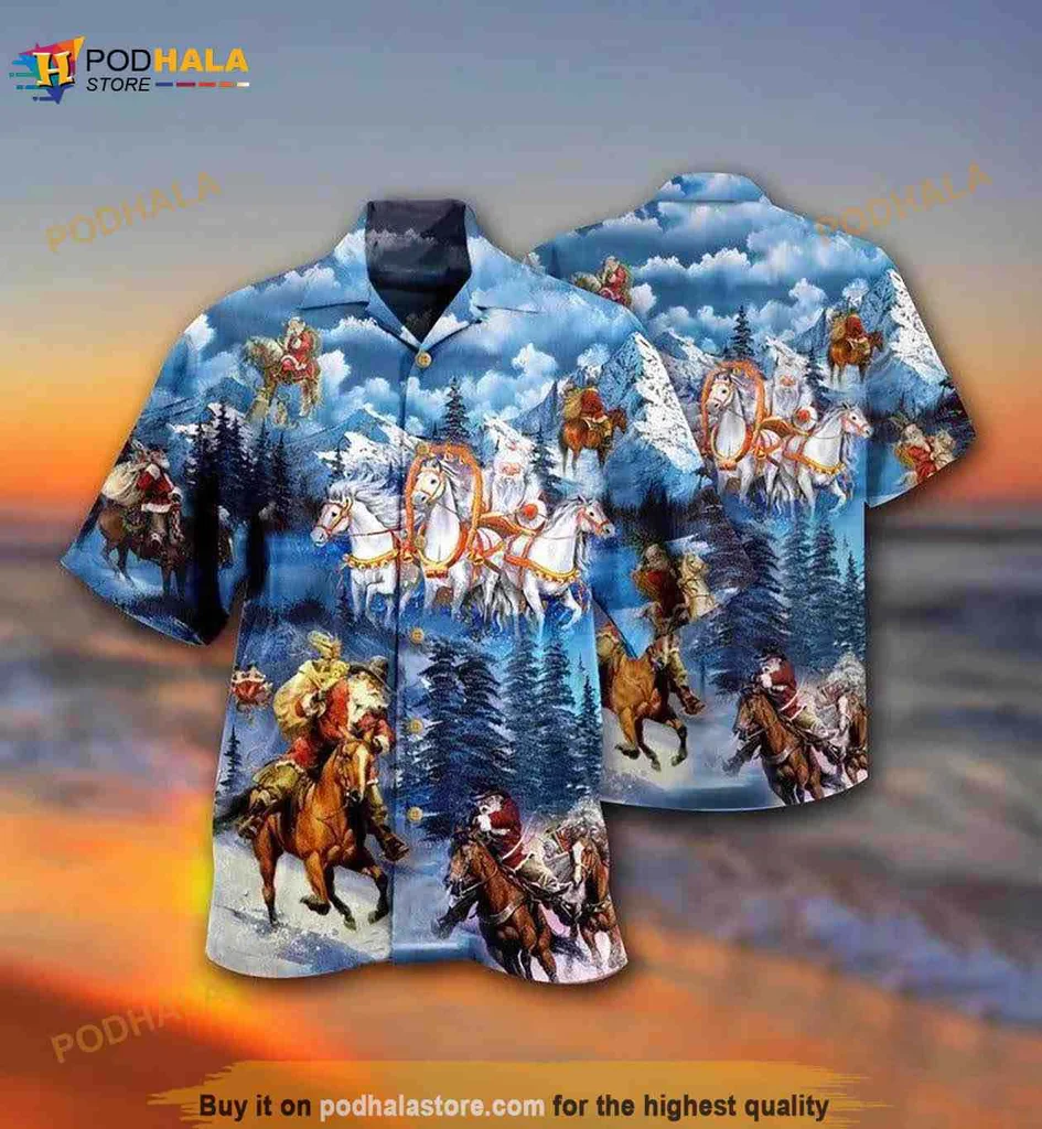 Santa Horse Lovers Hawaiian Shirt Featuring Christmas Cheerful Design