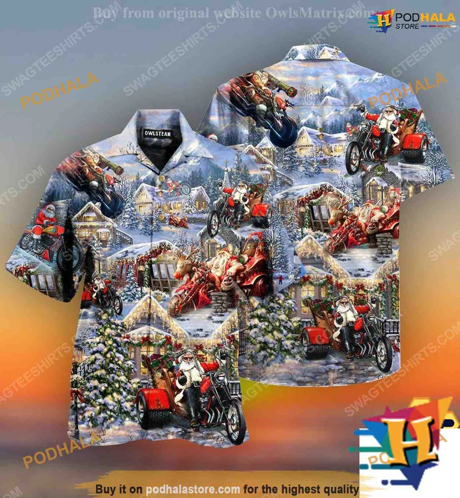 Santa Motorcycle Hawaiian Shirt, Festive Holiday Design For Men