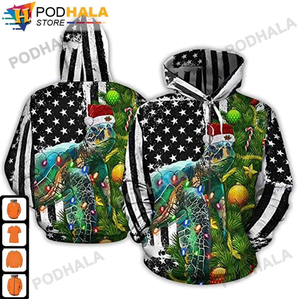 Santa Sea Turtle 3d Hoodie With Christmas Lights And American Flag