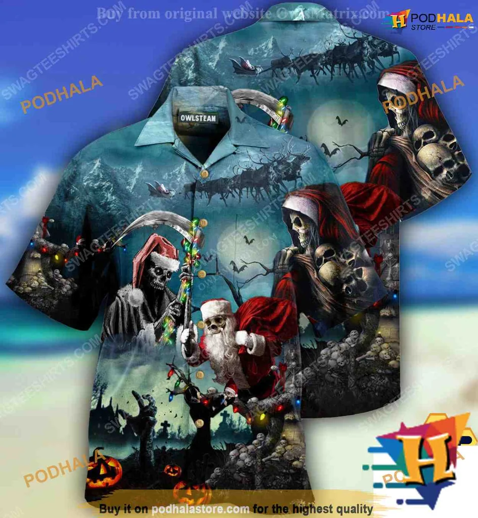 Santa Skull Halloween Hawaiian Shirt With Festive Spooky Design