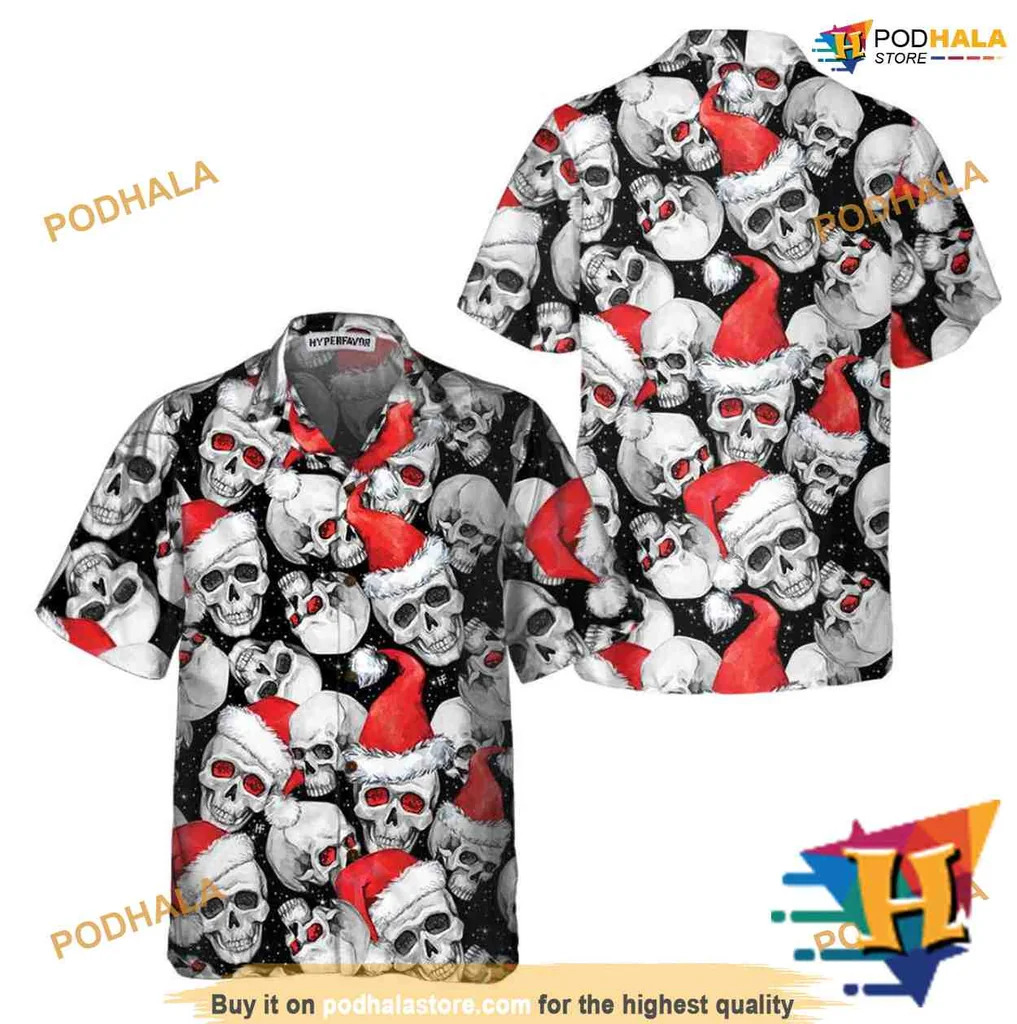 Santa Skull Tropical Shirt With Festive Santa Hats