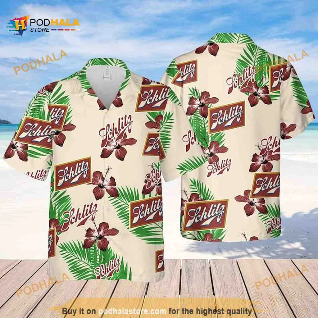 Schlitz Beer Tropical Aloha Shirt With Hibiscus Flowers And Palm Leaves
